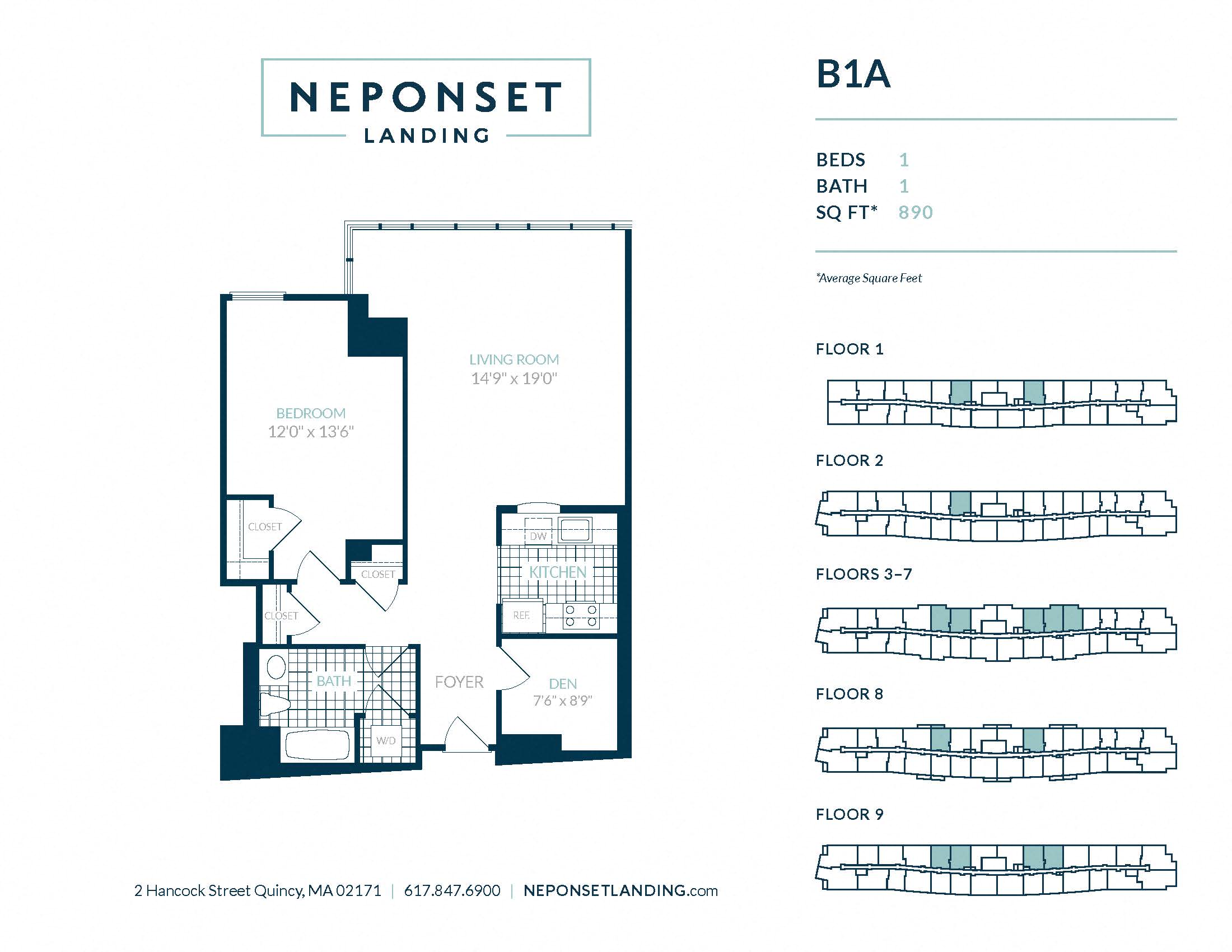Floor plan for 1 bed, 1 bath, 916 sqft